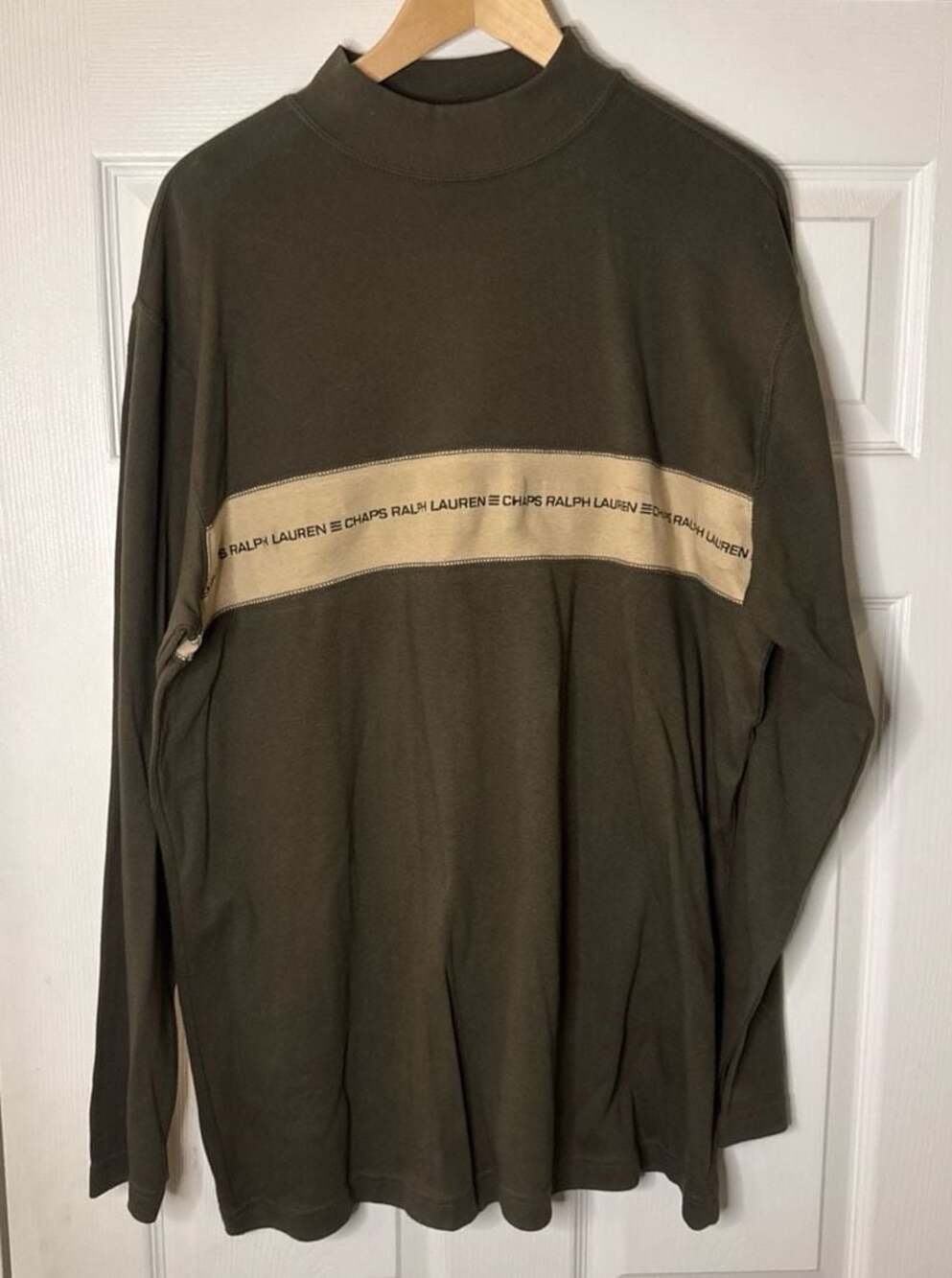 VTG Chaps Ralph Lauren Spellout Mock Neck Long Sleeve Shirt Olive Green Large W/